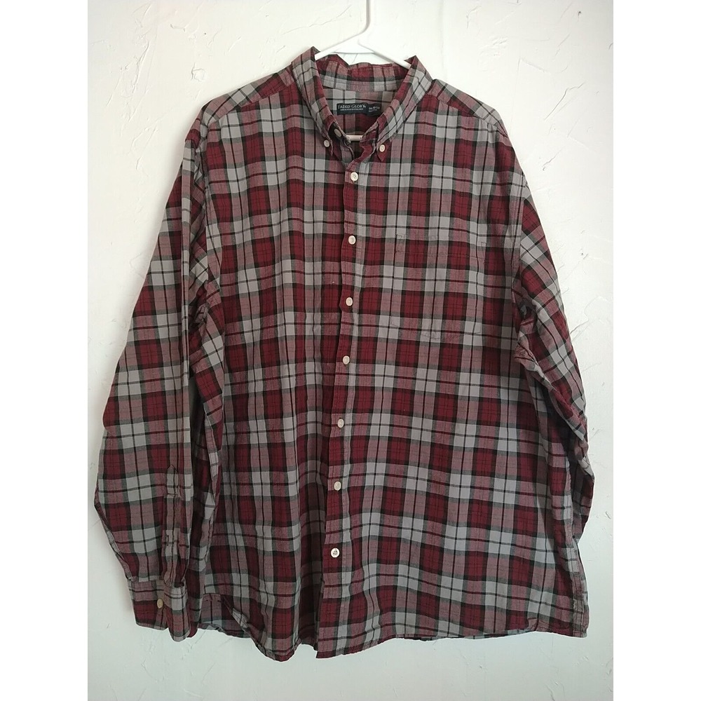 Faded‎ Glory Button Down Shirt Men 2XL (50-52) Red Plaid Cotton Lightweight Work